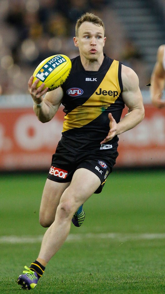 AFL 2014 Rd 22 - Richmond v St Kilda Richmond's Nathan Foley in action during the 2014 AFL Round 22 match between the Richmond Tigers and the St Kilda Saints at the MCG, Melbourne on August 24, 2014. (Photo: Greg Ford/AFL Media)